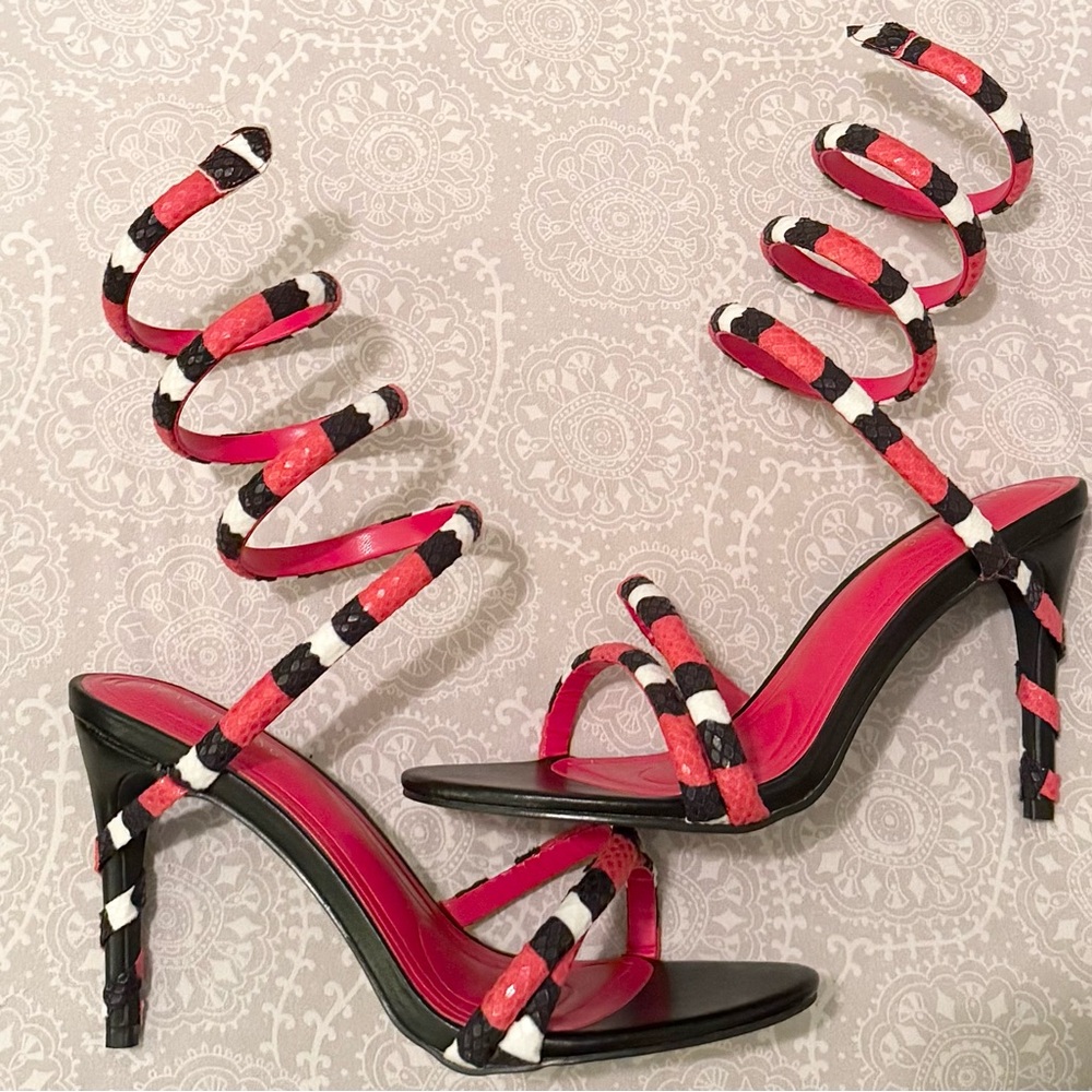Azalea Wang Red and Black Snake Skin Heels
